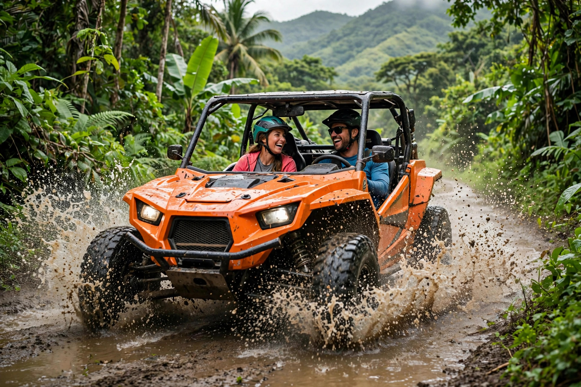 Buggy atravesando un sendero tropical con lodo