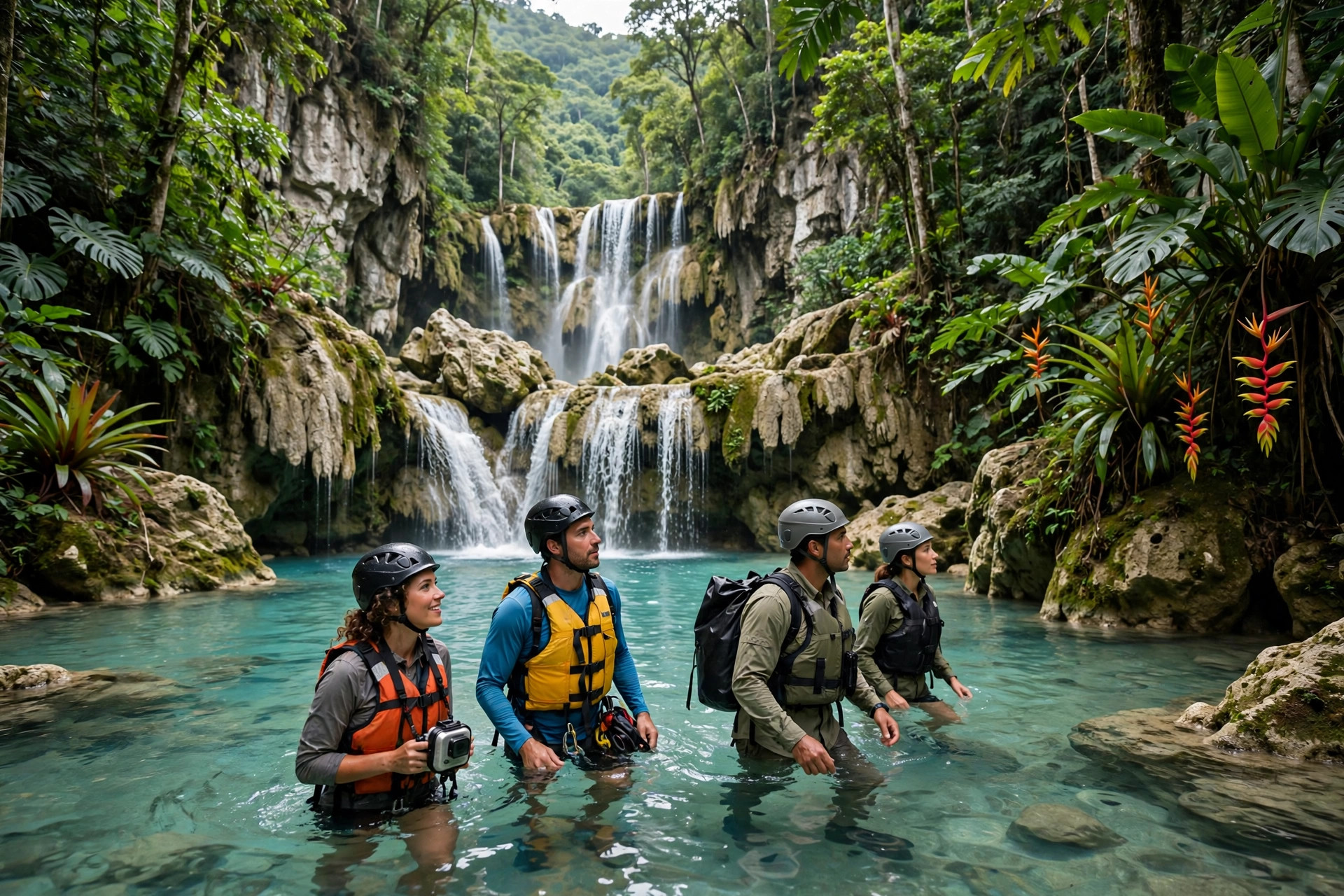 Grupo equipado para una excursión entre cascadas tropicales